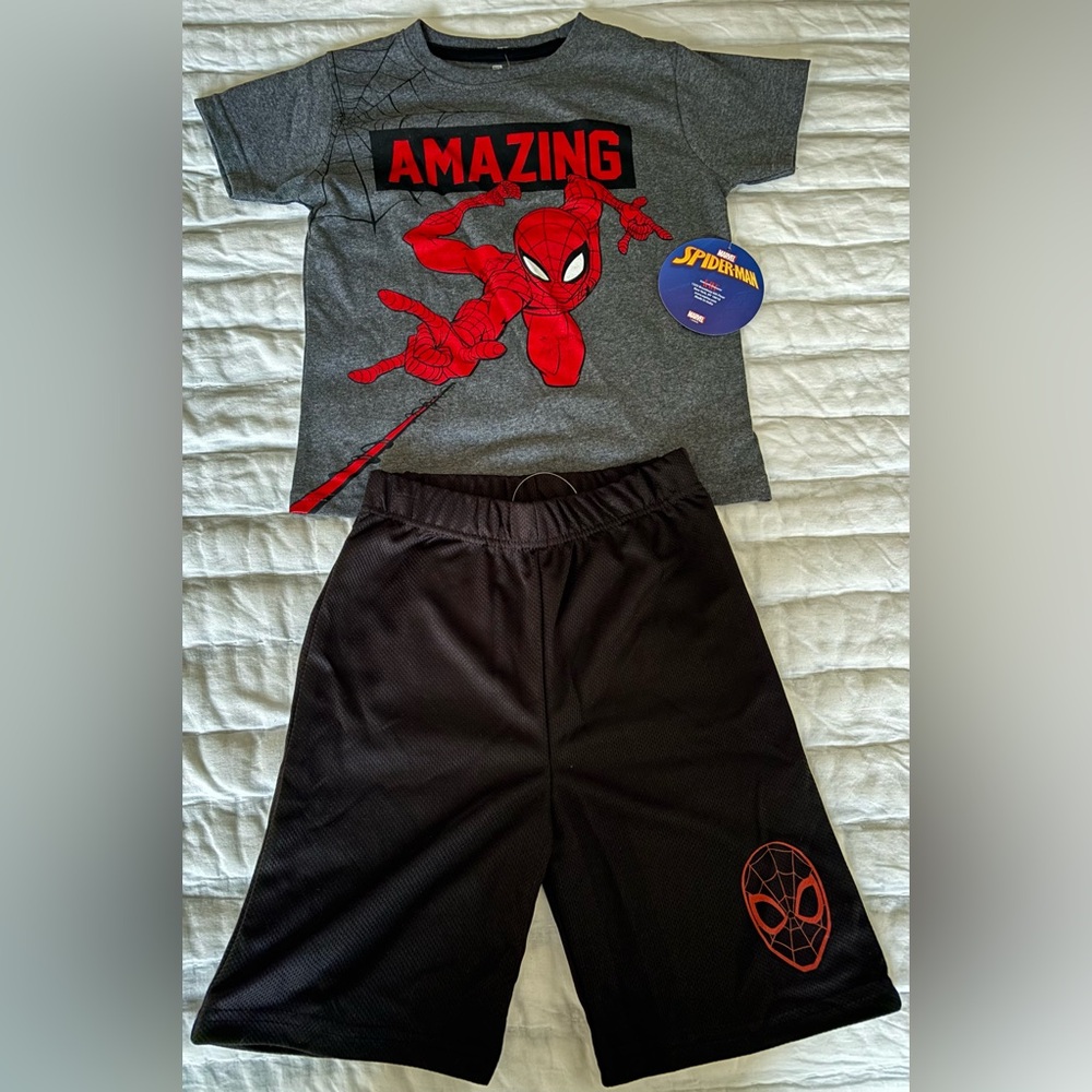 Little boy 6 Marvel Spider-Man short sleeve t-shirt and mesh shorts outfit set.